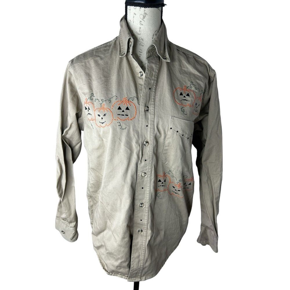 VTG Jerzees Hallowen Button Down S Women Khaki Shirt With Pumpkins All Over